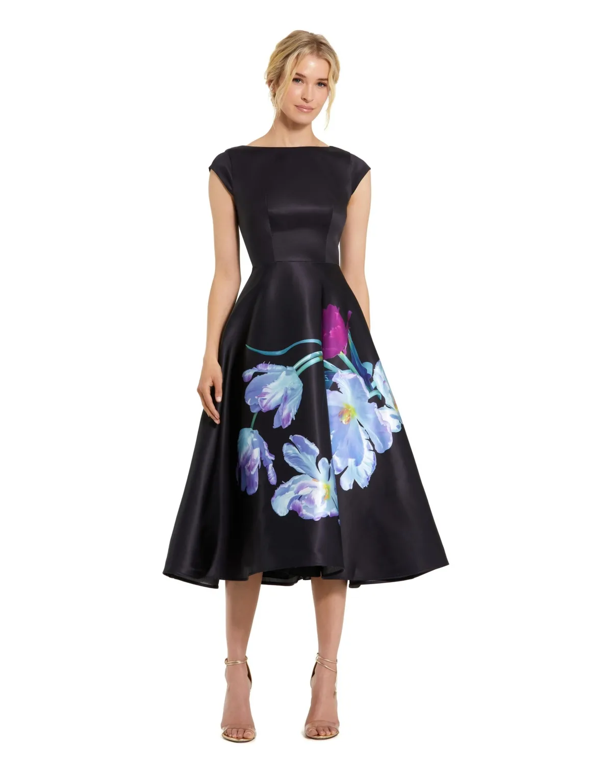Mac Duggal Satin Cap Sleeve Midi Dress with Floral Print