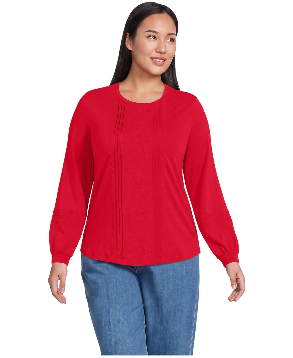 Crewneck Long-Sleeve Pintuck Blouse