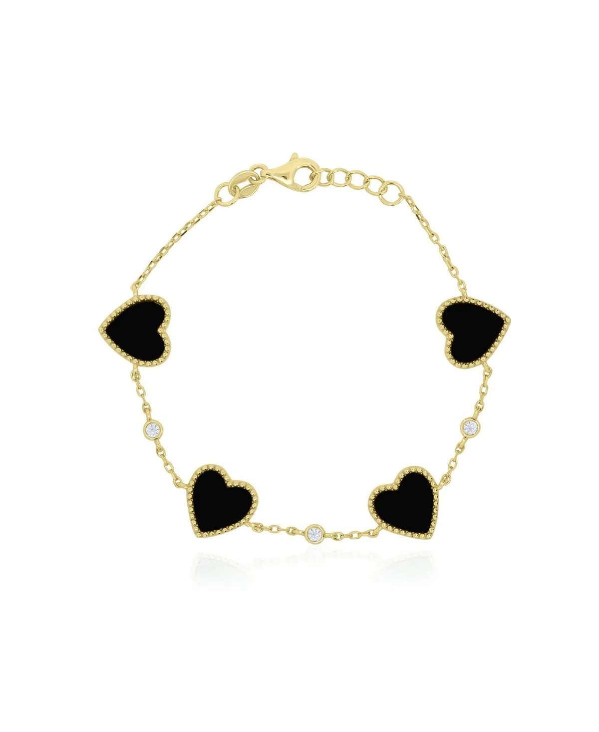 Onyx and Cubic Zirconia Heart Station Bracelet in 14k Gold-Plated Sterling Silver by The Lovery