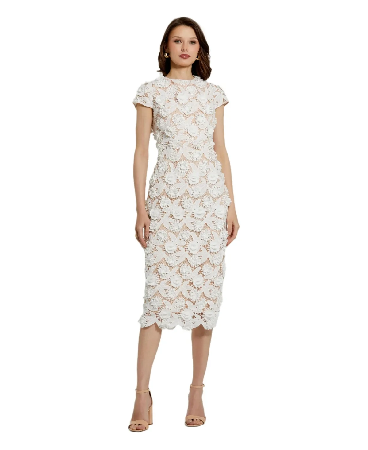 Mac Duggal Floral Lace Fitted Short Sleeve Midi Dress