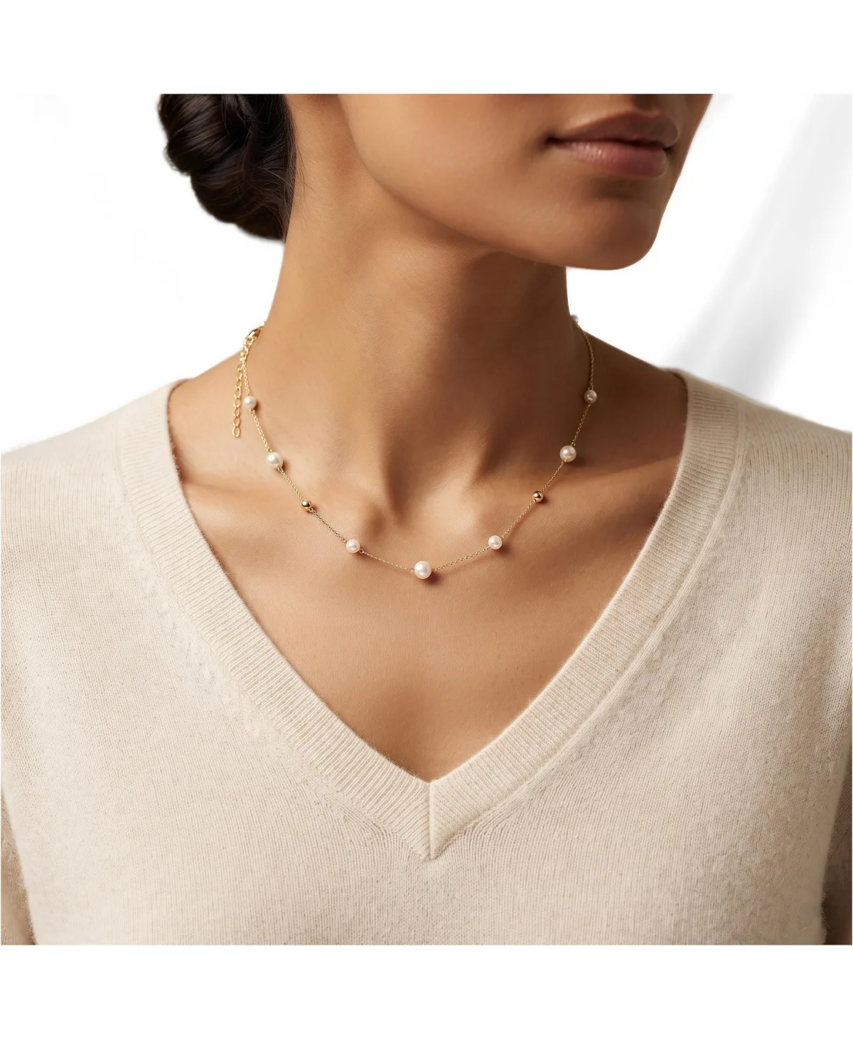 Pearl Necklace Station Necklace in Gold Over Silver 18 Inches Adjustable by Etoielle