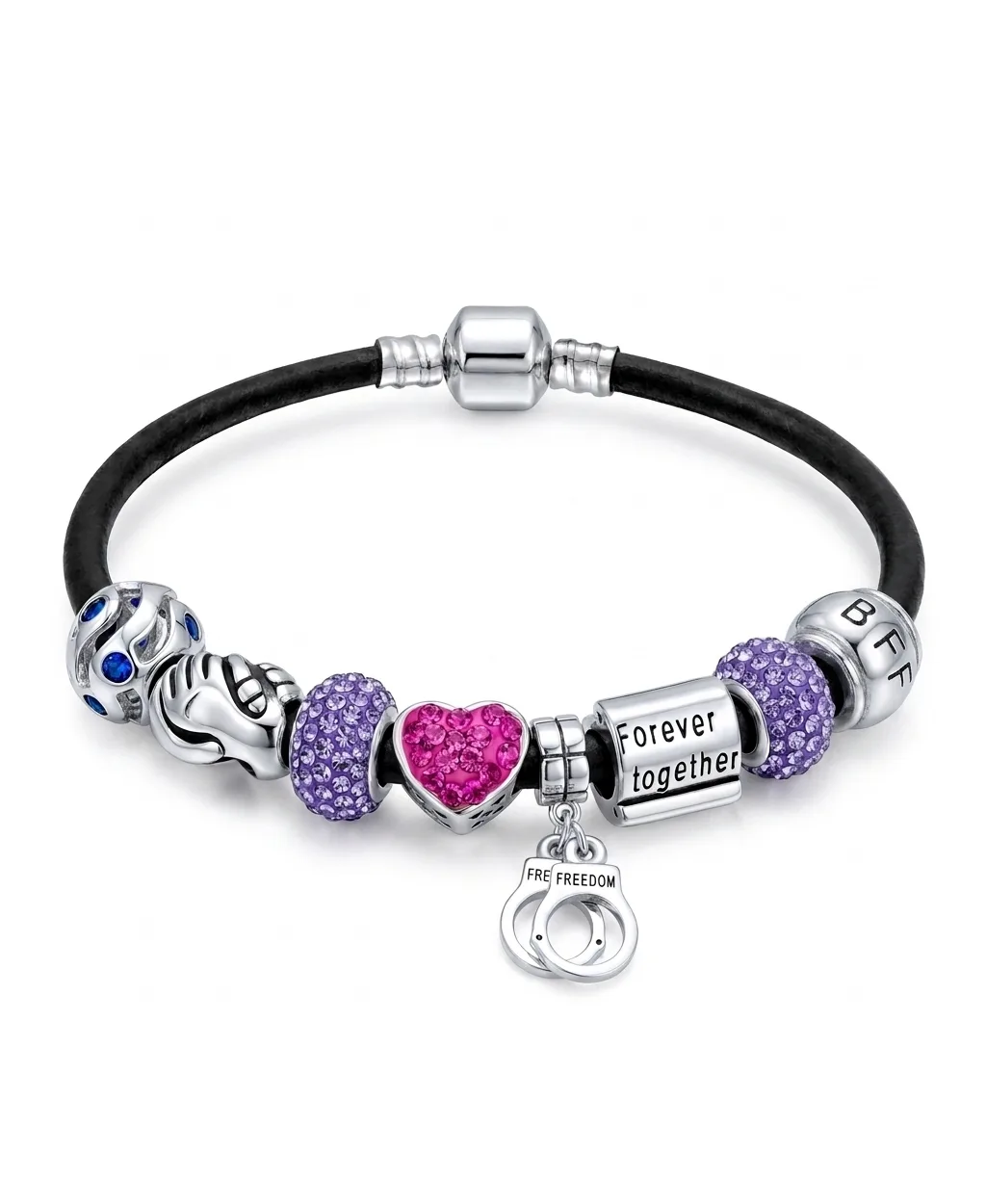 Sterling Silver Cubic Zirconia and Crystal Couple Bound Forever Leather Charm Bracelet