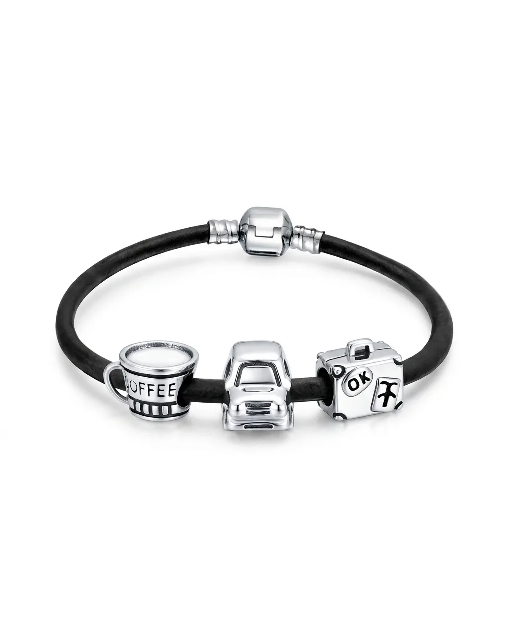 Road Trip Keepsake Bead Charm Bracelet Black Leather.925 Sterling Silver