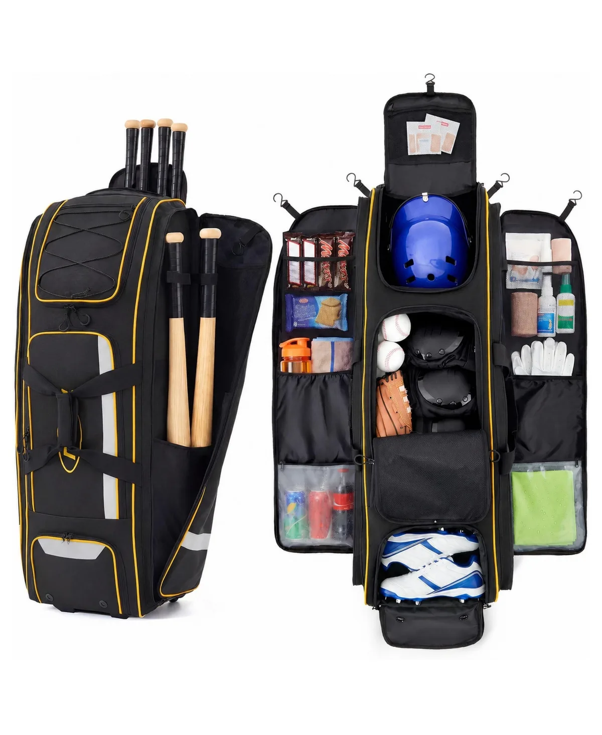 100L Rolling Baseball Catchers Gear Bag 5 Hook Dugout Organizer by Peneyon
