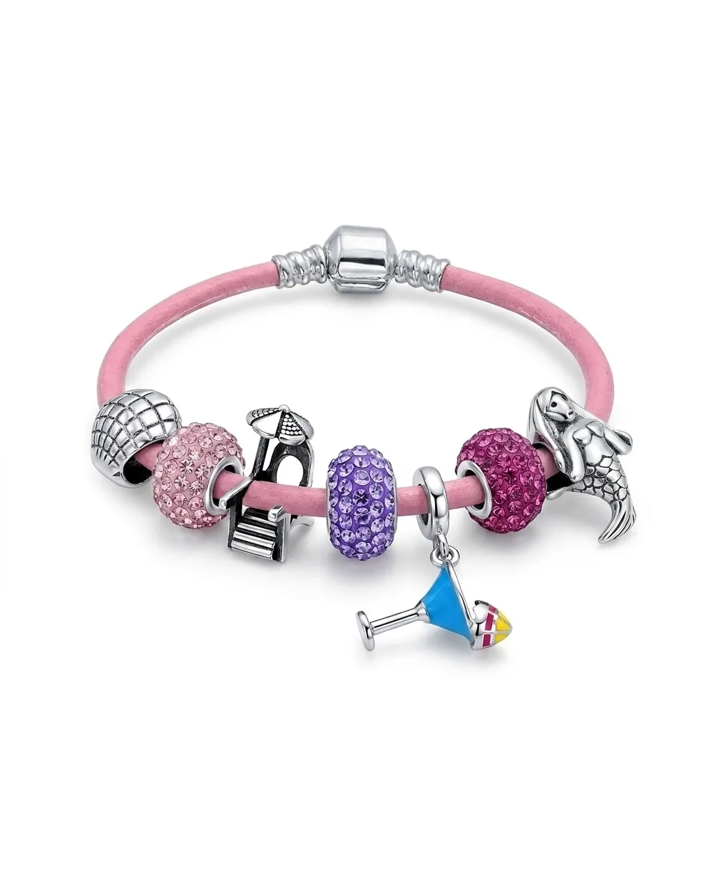 Crystal Sterling Silver Charm Bead Bracelet