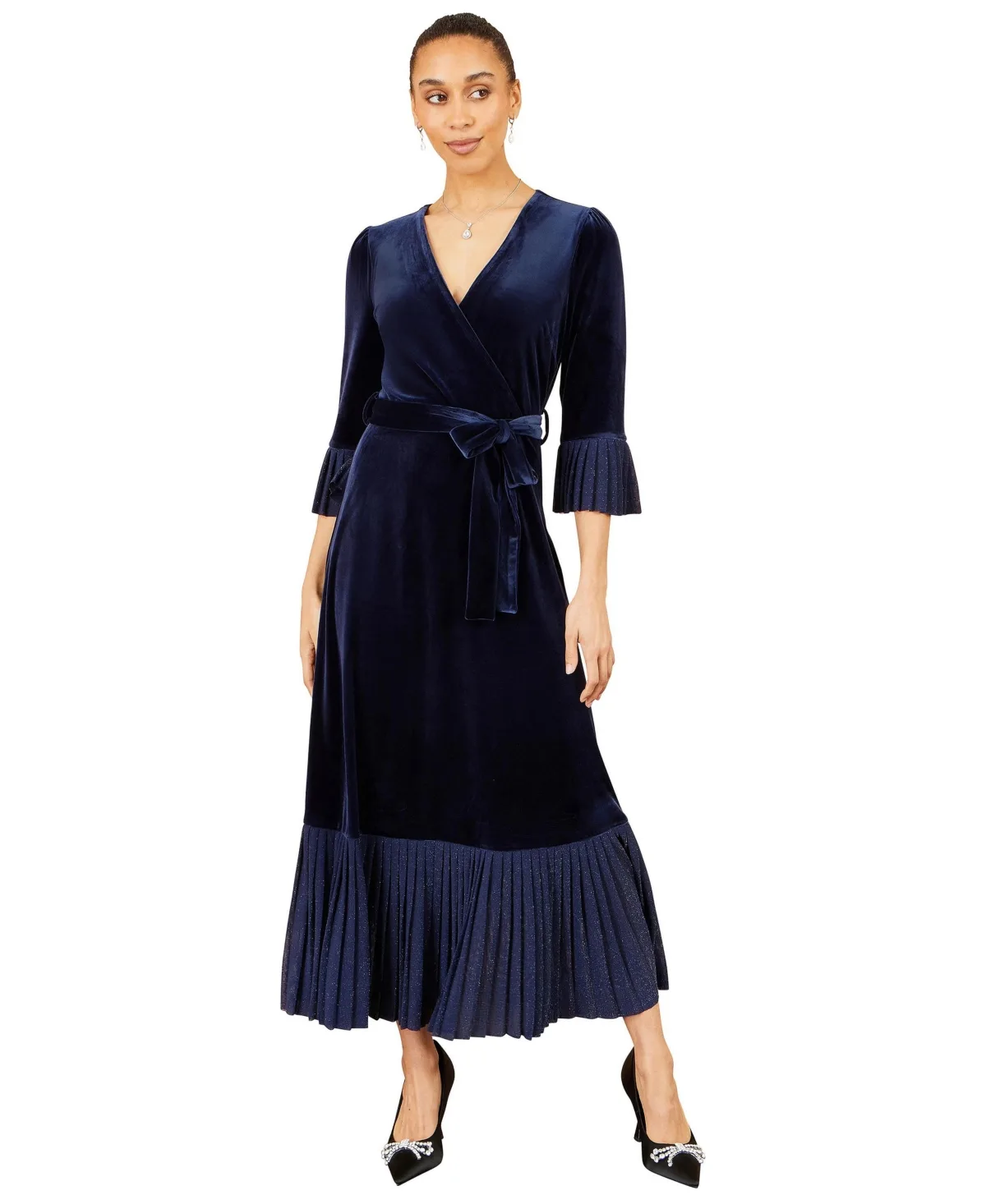 Velvet Midi Pleat Detail Wrap Dress