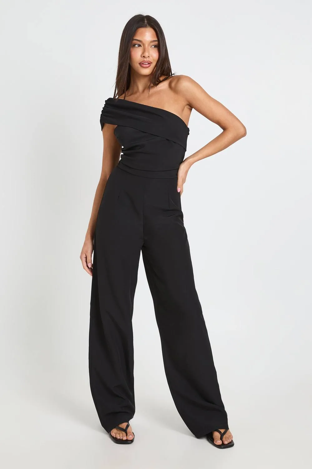 One Shoulder Ruched Detail Wide Leg Jumpsuit in Woven