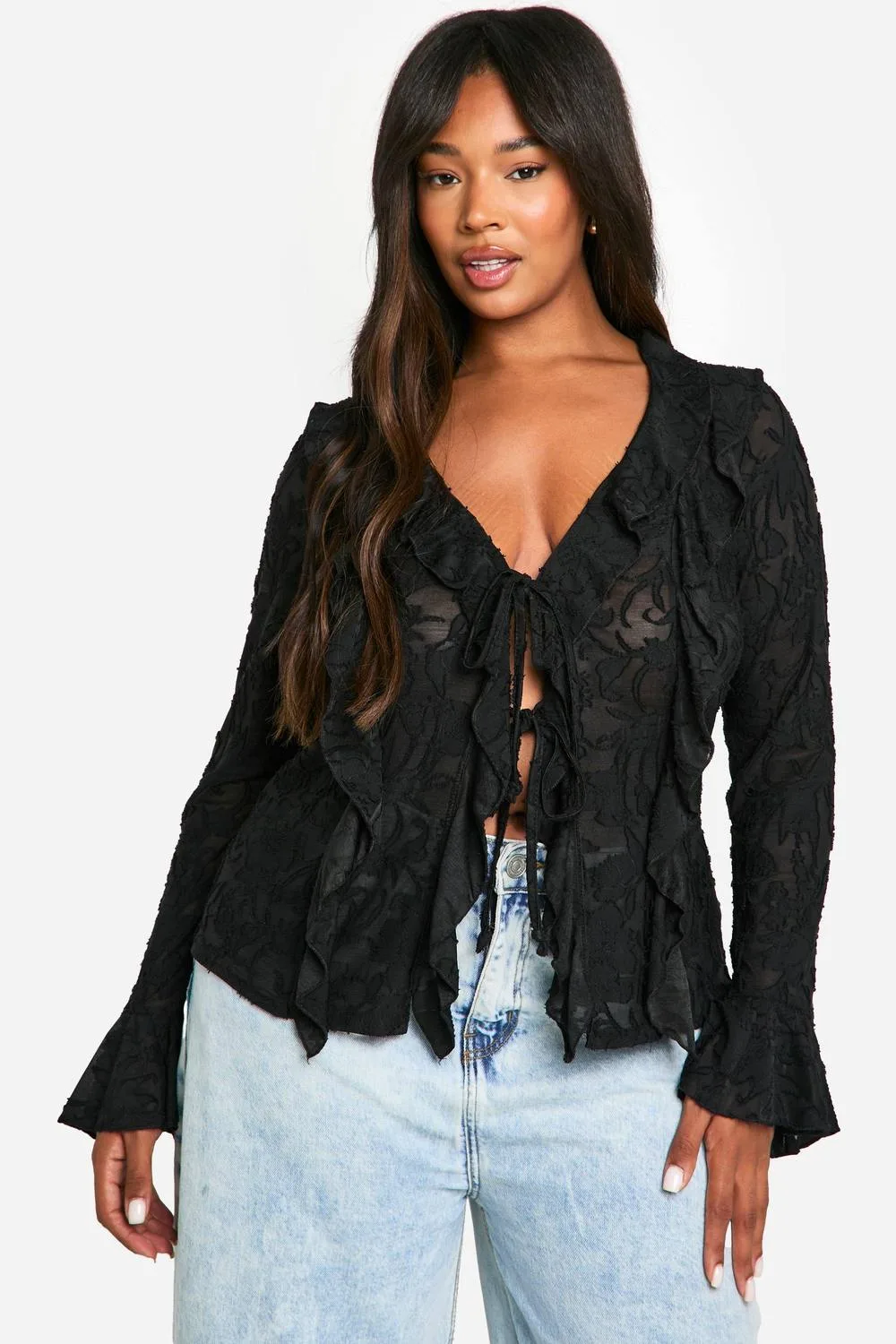Burnout Double Ruffle Tie Front Blouse