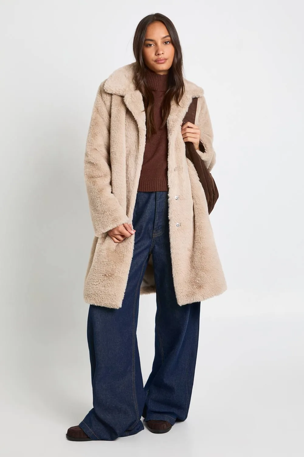 Faux Fur Collared Midaxi Jacket - Stone