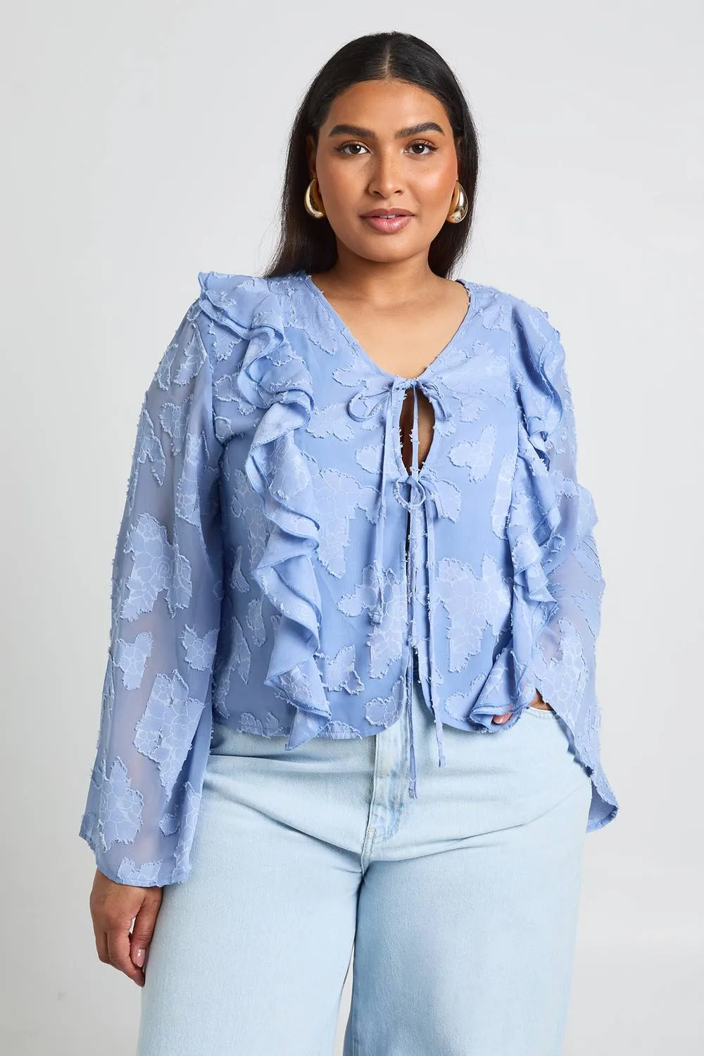 Burnout Ruffle Front Tie Blouse