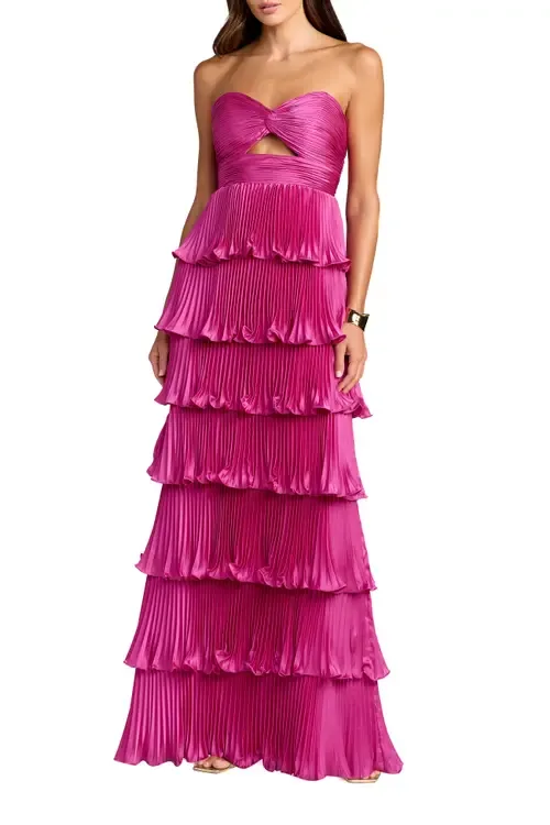 Pleated Charmeuse Strapless Tiered Ruffle Gown