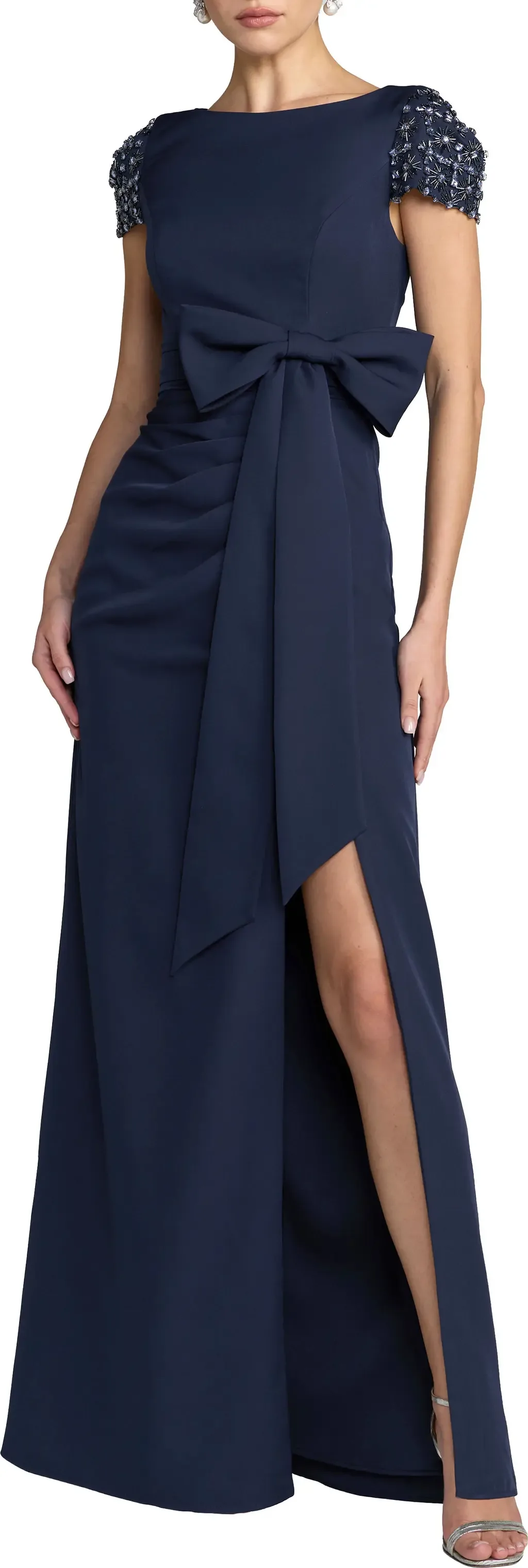 Beaded Cap Sleeve Crepe Gown with Bow and Slit