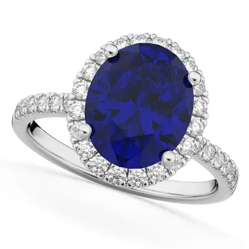 Oval Cut Halo Blue Sapphire & Diamond Engagement Ring 14K by ALLUREZ