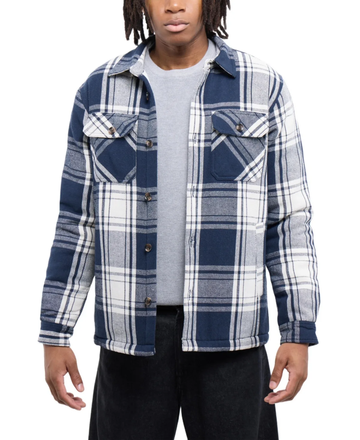 Cotton Plaid Flannel Button-Up Shirt Jacket with Faux Shearling Lining