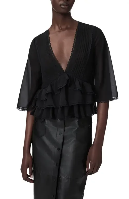 Plunge Neck Tiered Ruffle Lace Trim Top