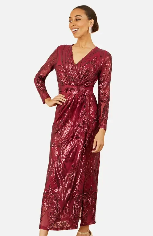 Sequin Midi Long Sleeve Wrap Dress