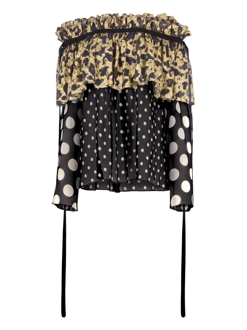 Polka Dot-Pattern Ruffled Satin Blouse