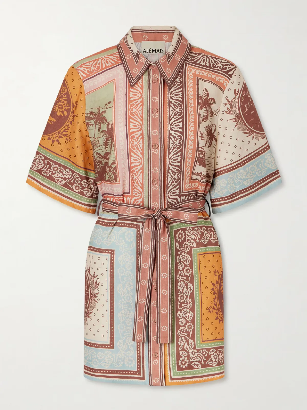 - Alberta Belted Printed Linen Mini Shirt Dress -