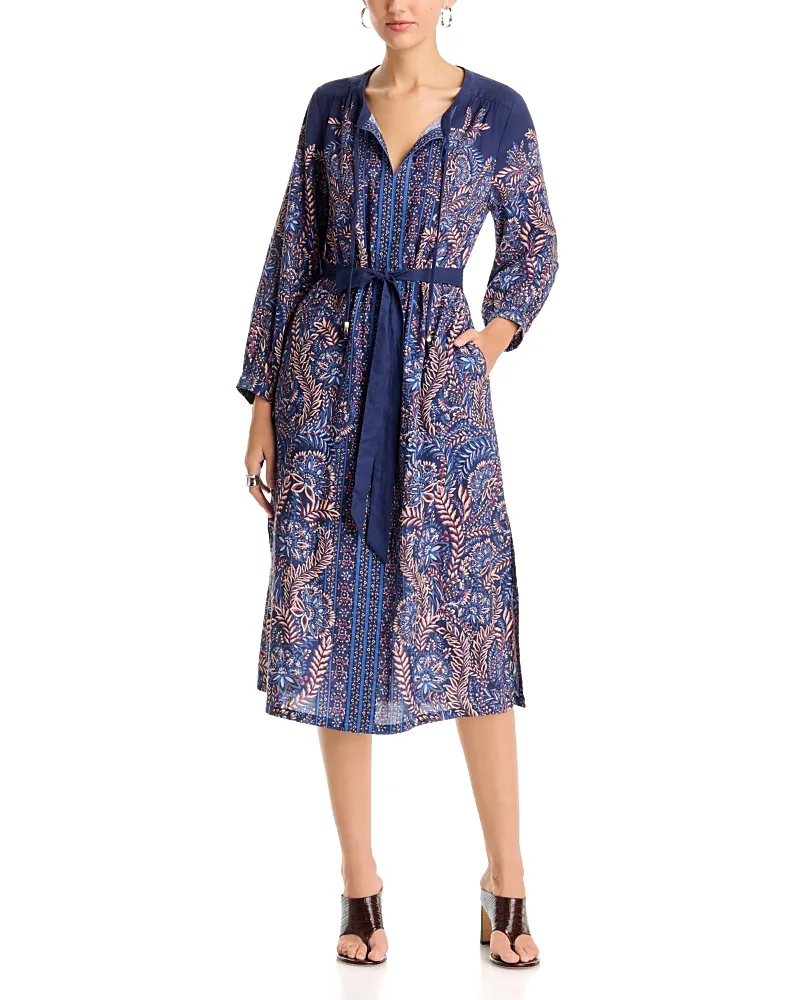 Marina Blooms Tie Neck Long Sleeve Midi Dress