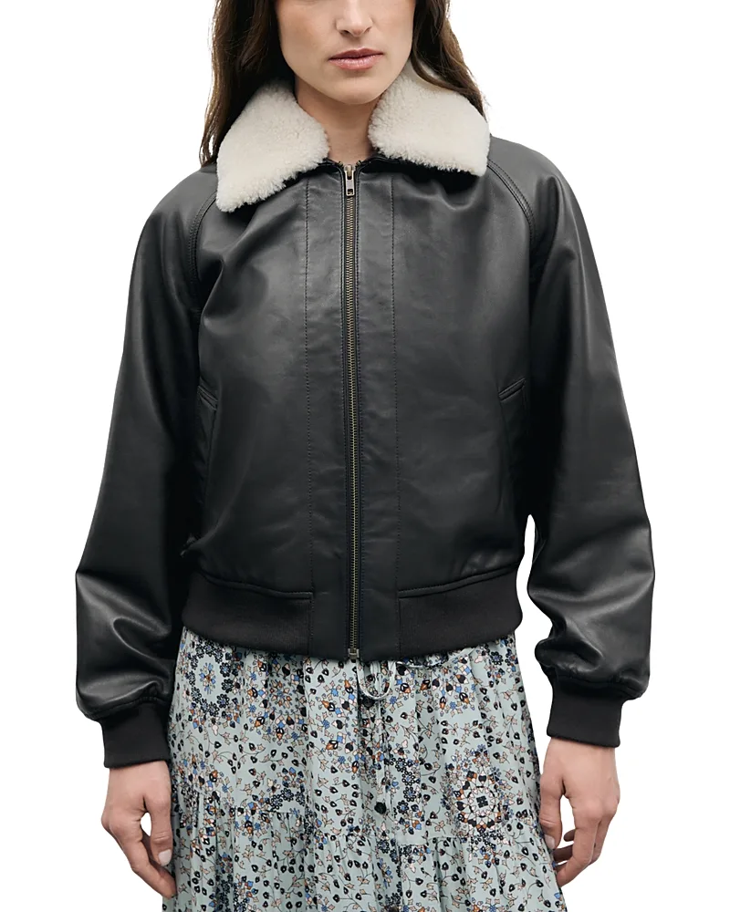 Paola Leather Zip Front Bomber Jacket