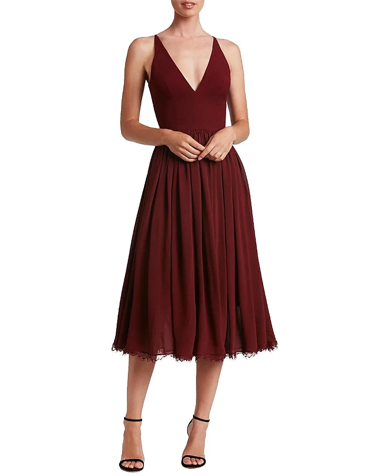 Alicia V-Neck Lace Trim Midi Dress