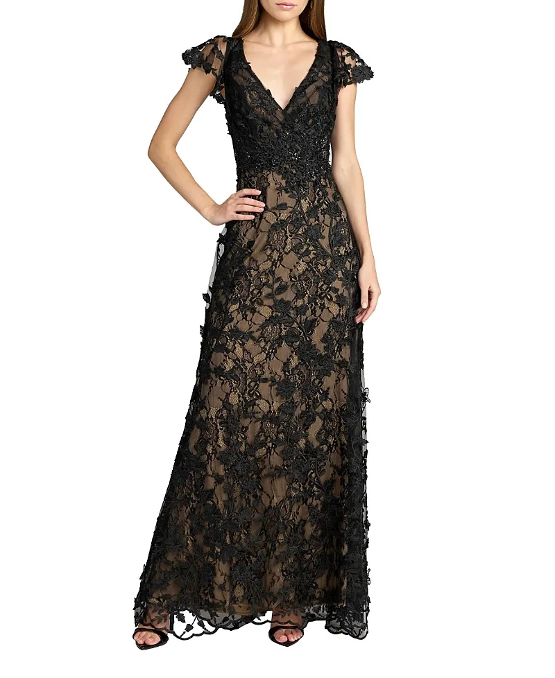 Mac Duggal Floral Embroidered Lace Flutter Sleeve Gown