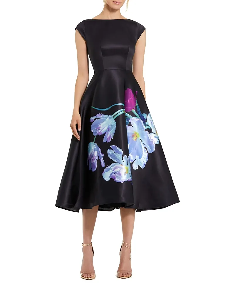 Mac Duggal Satin Cap Sleeve Midi Dress with Floral Print