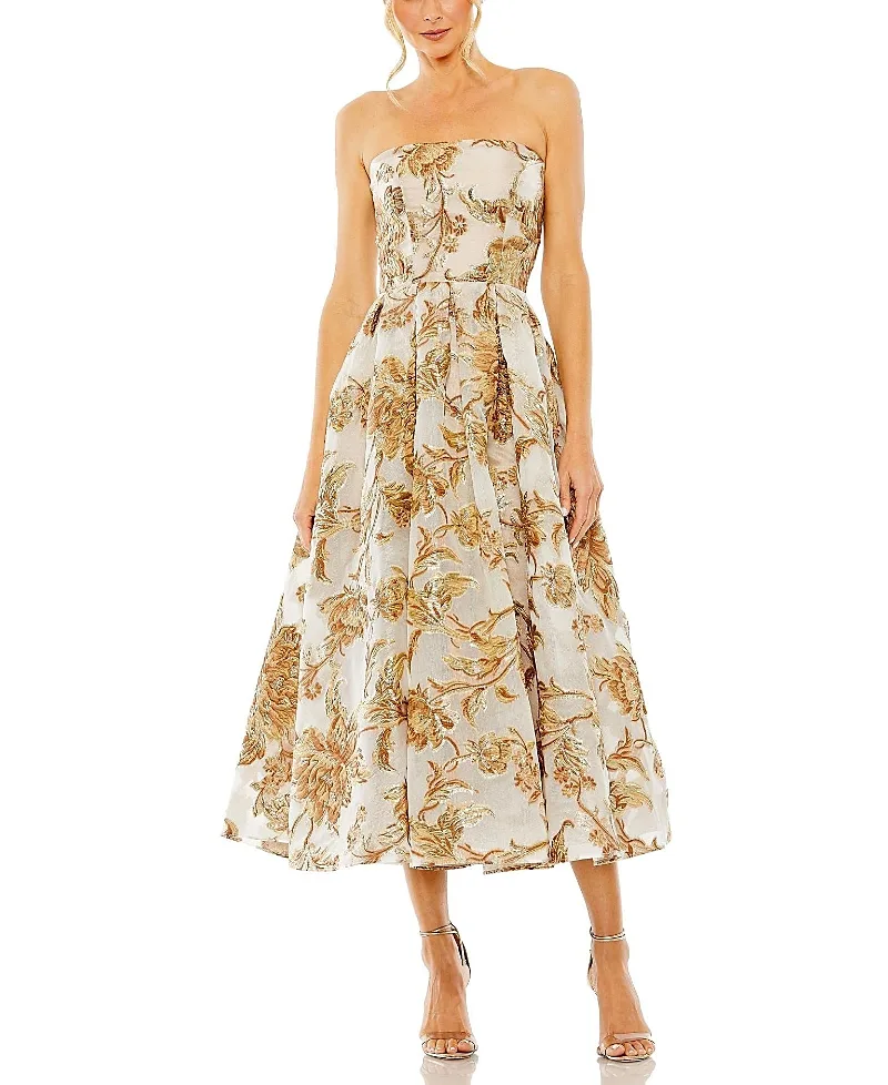 Mac Duggal Gold Strapless Brocade Midi Dress with Pockets