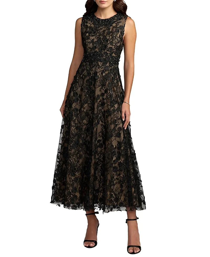 Mac Duggal Floral Embroidered High Neck Midi Dress