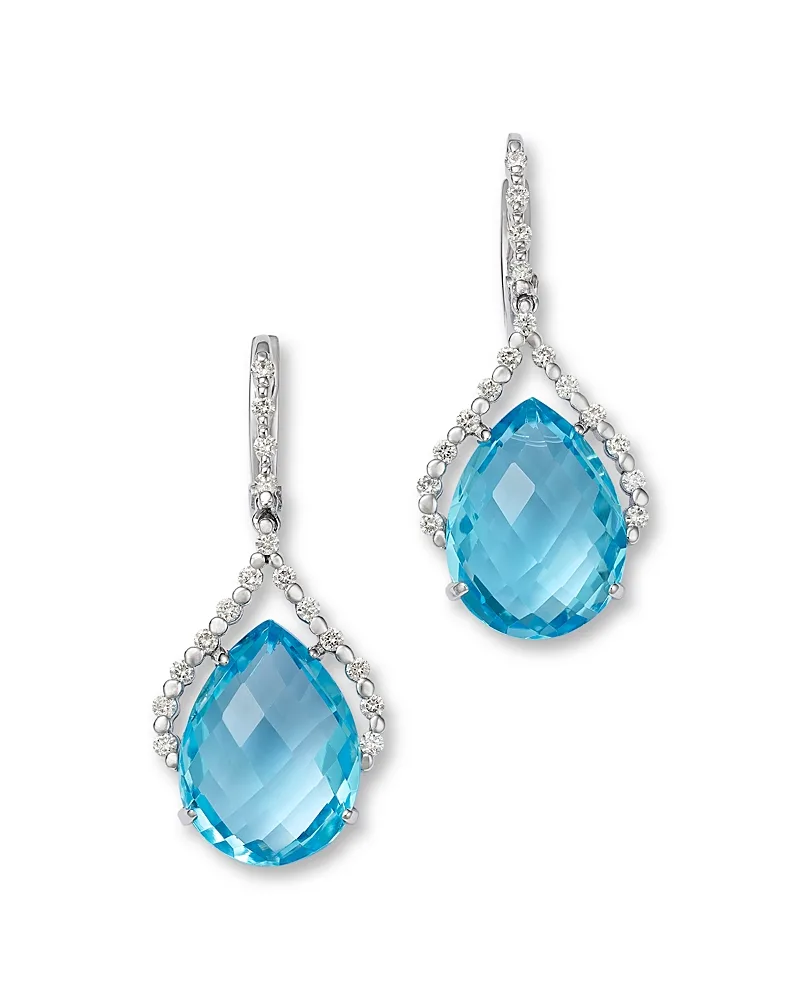 Diamond & Blue Topaz Pear Shaped Earrings in 14K White Gold, 0.6 Tcw