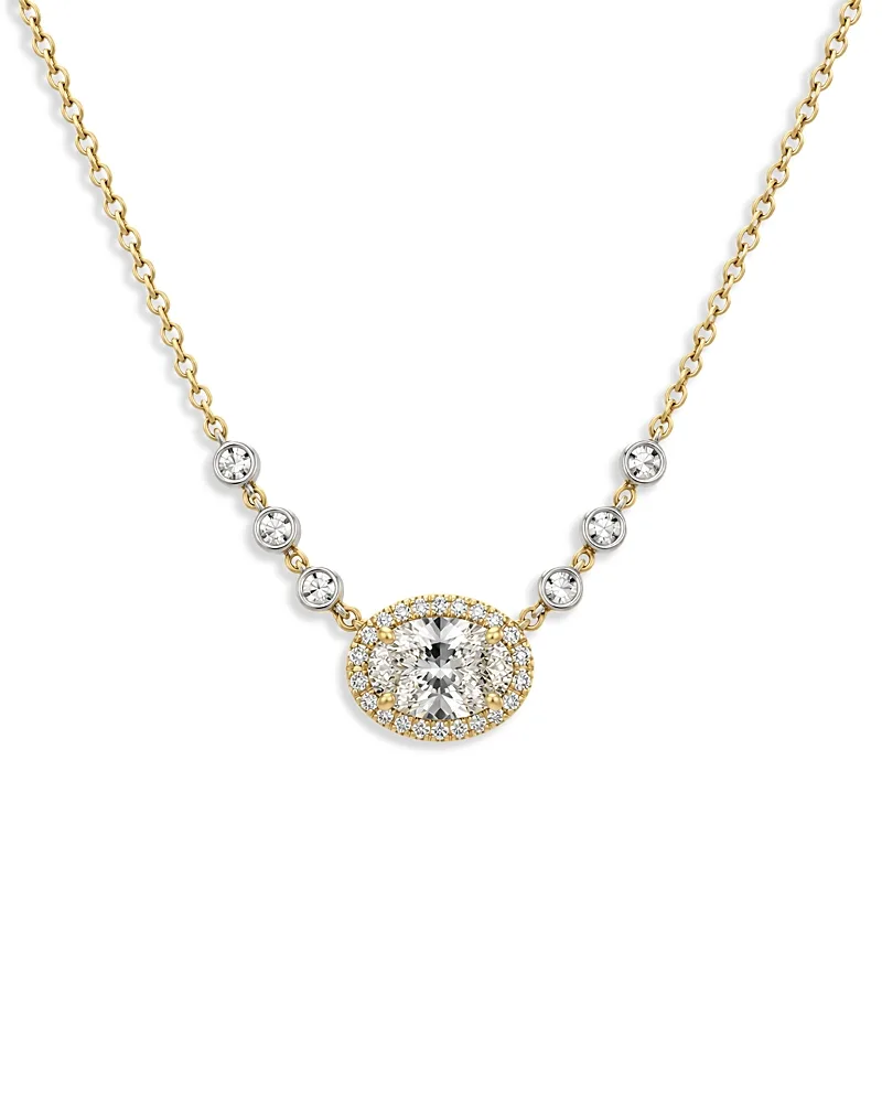 14K White & Yellow Gold Lab Grown Diamond Oval & Round Halo Pendant Necklace, 1.21 Tcw by Meira T