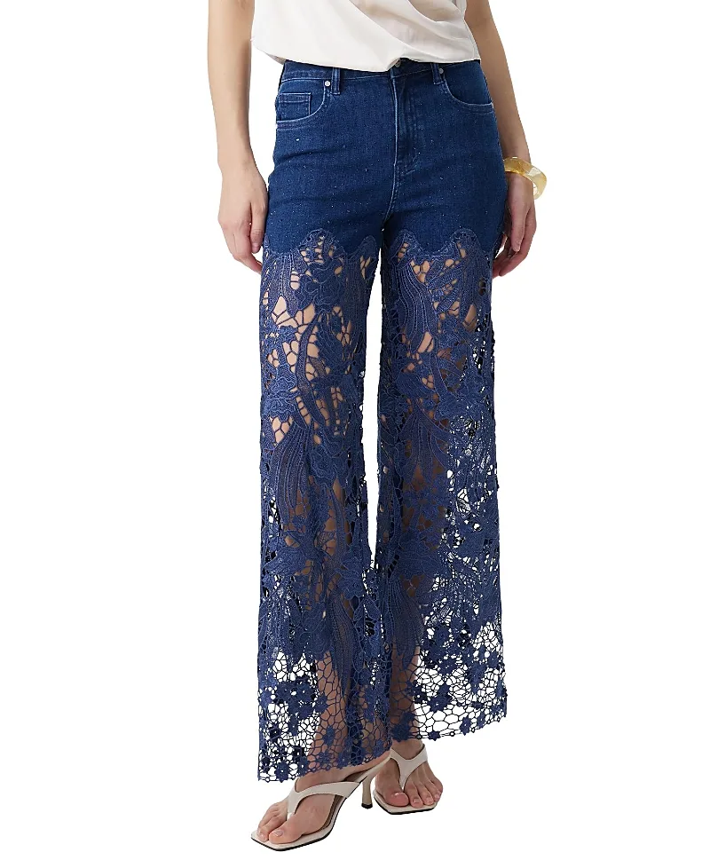 Embroidery High Rise Wide Leg Lace Jeans with Rhinestone by Bayeas