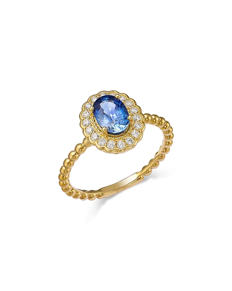 Diamond & Ceylon Sapphire Scalloped Halo Ring in 14K Yellow Gold