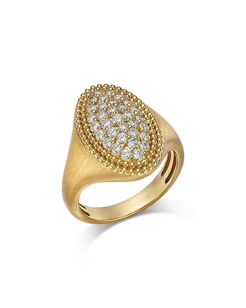 Diamond Pave Beaded Signet Ring in 14K Yellow Gold, 0.75 Tcw