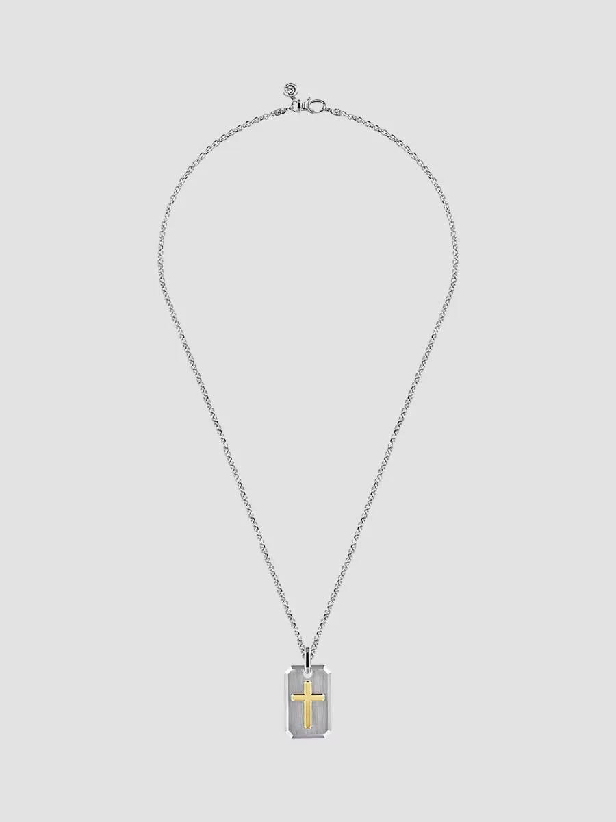 Geo Sterling Silver & 14K Yellow Gold Cross Dog Tag Pendant Necklace by Gabriel