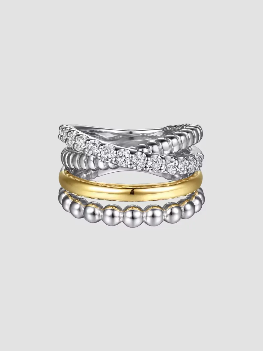 Sterling Silver, 14K Yellow Gold & White Sapphire Multi-Band Ring