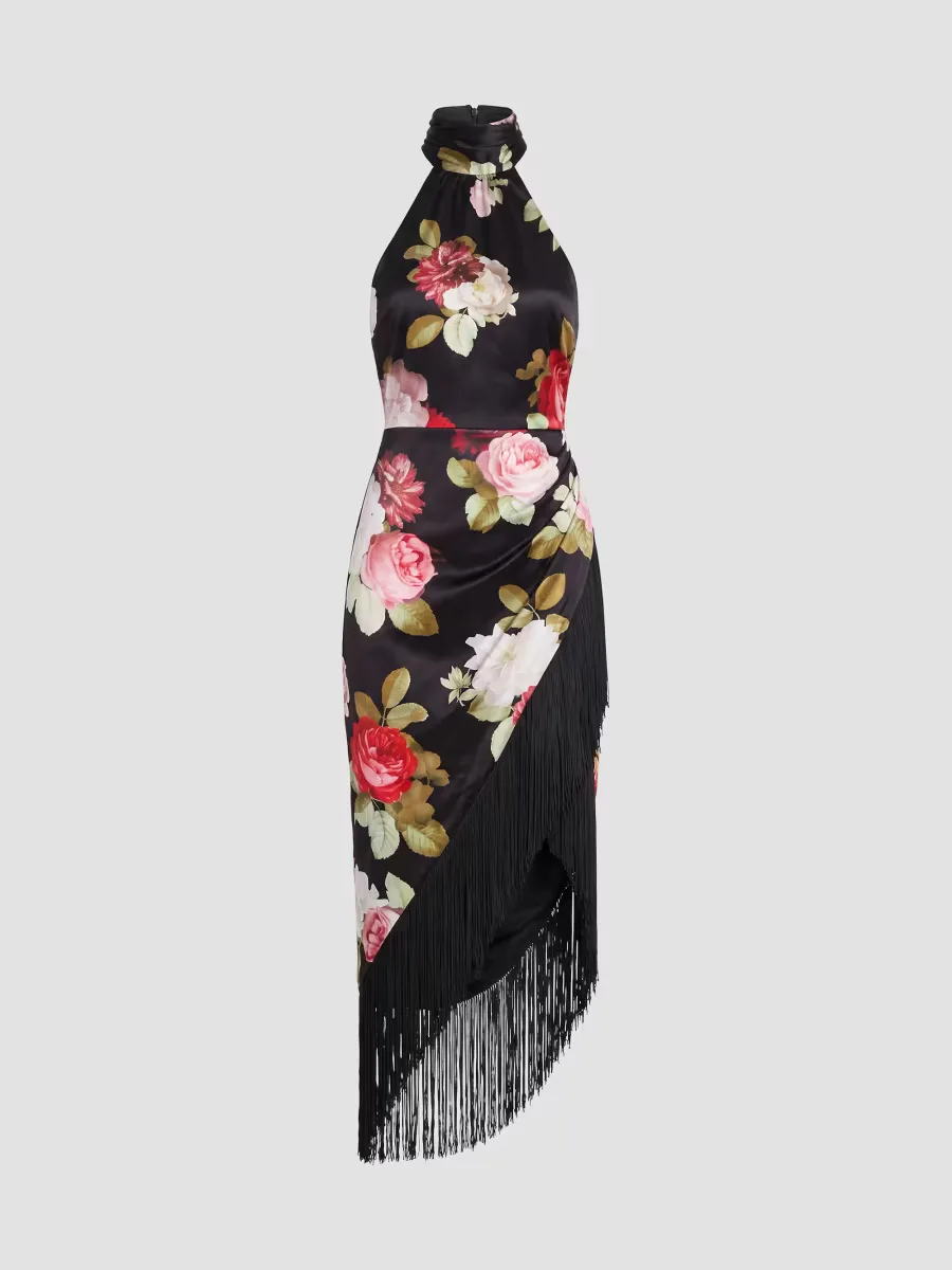 Winrey Floral Satin Halter Midi Dress