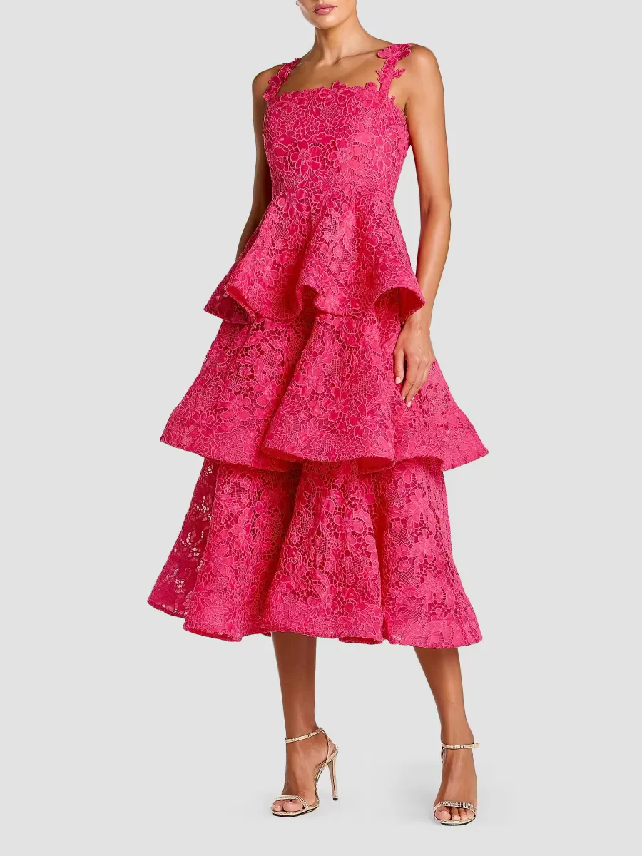 Mac Duggal Floral Lace Tiered Midi-Dress