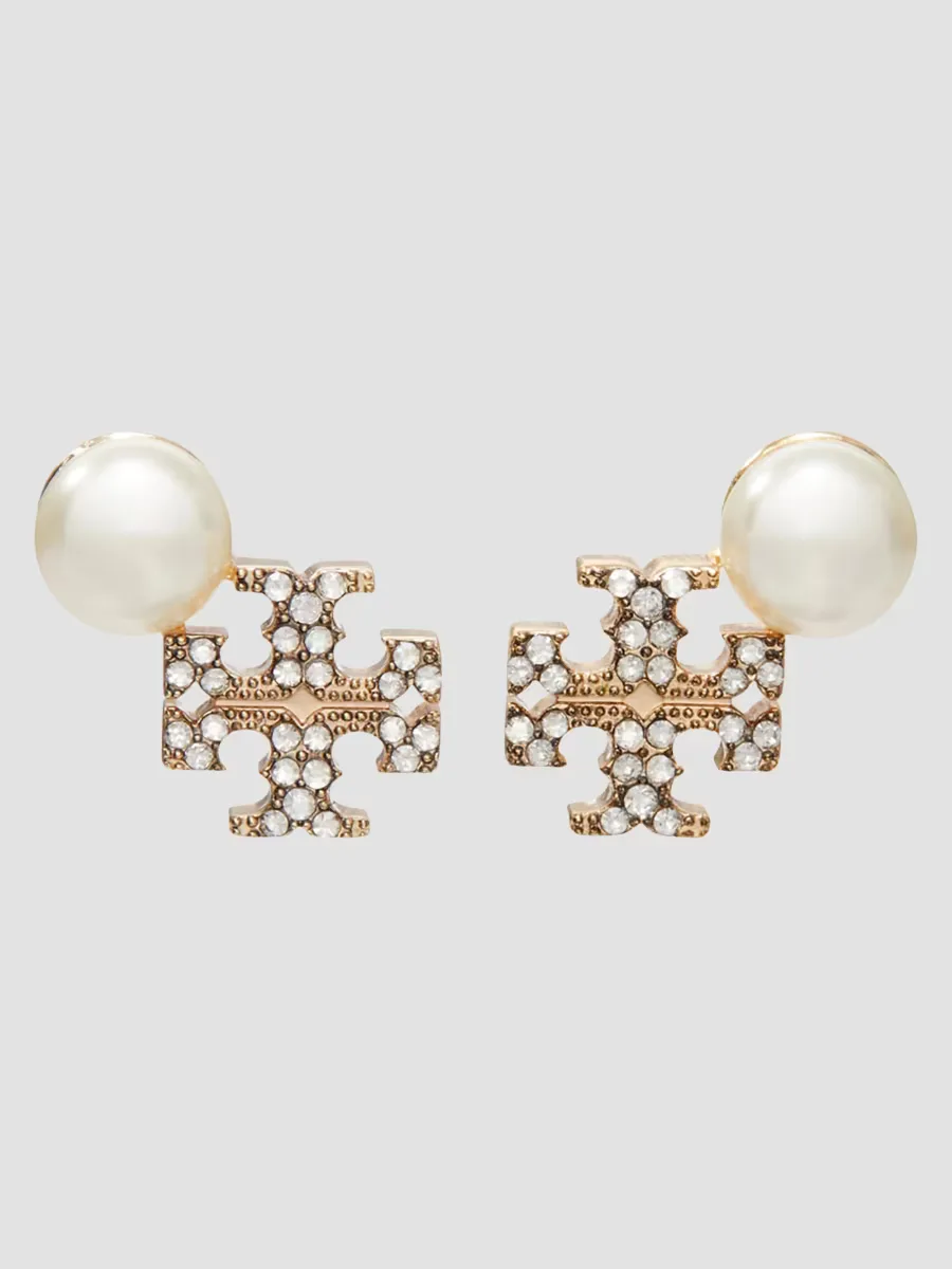 Moondance 18K-Gold-Plated, Glass Crystal & Imitation Pearl Logo Stud Earrings by Tory Burch