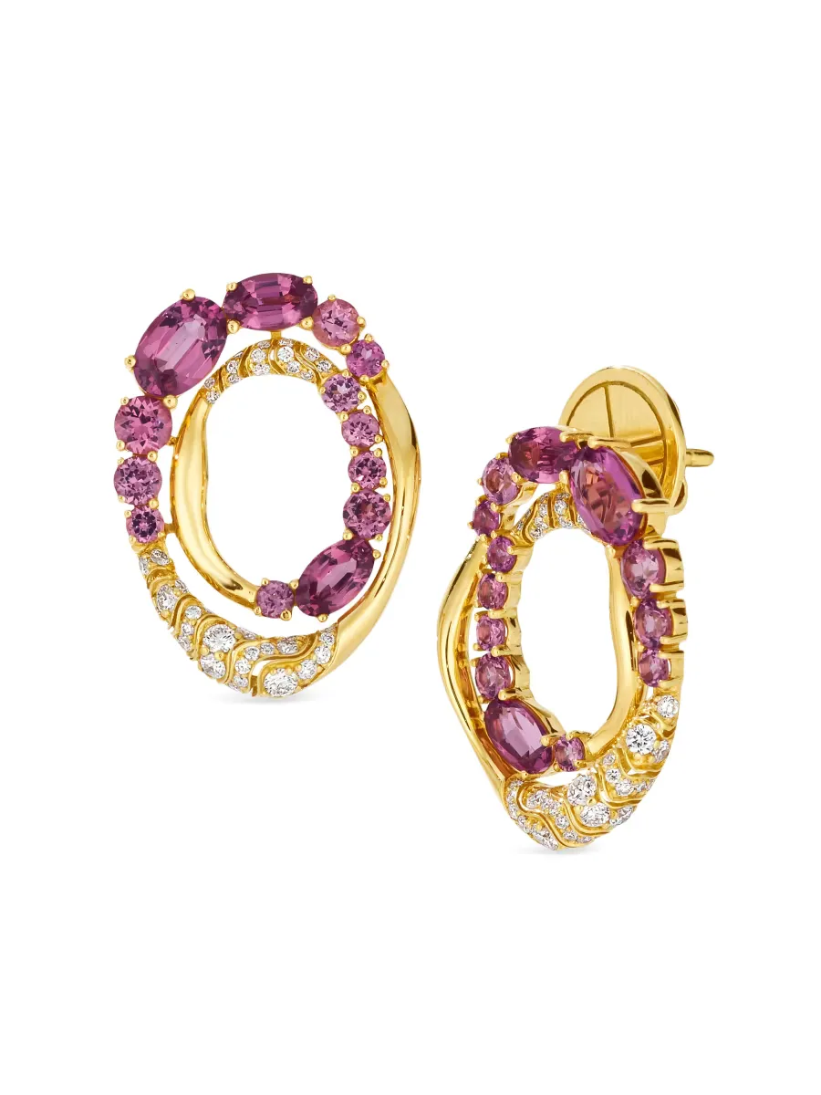 Dunas 18K Yellow Gold, Pink Garnet & 0.51 TCW Diamond Front-Facing Hoop Earrings by Hueb