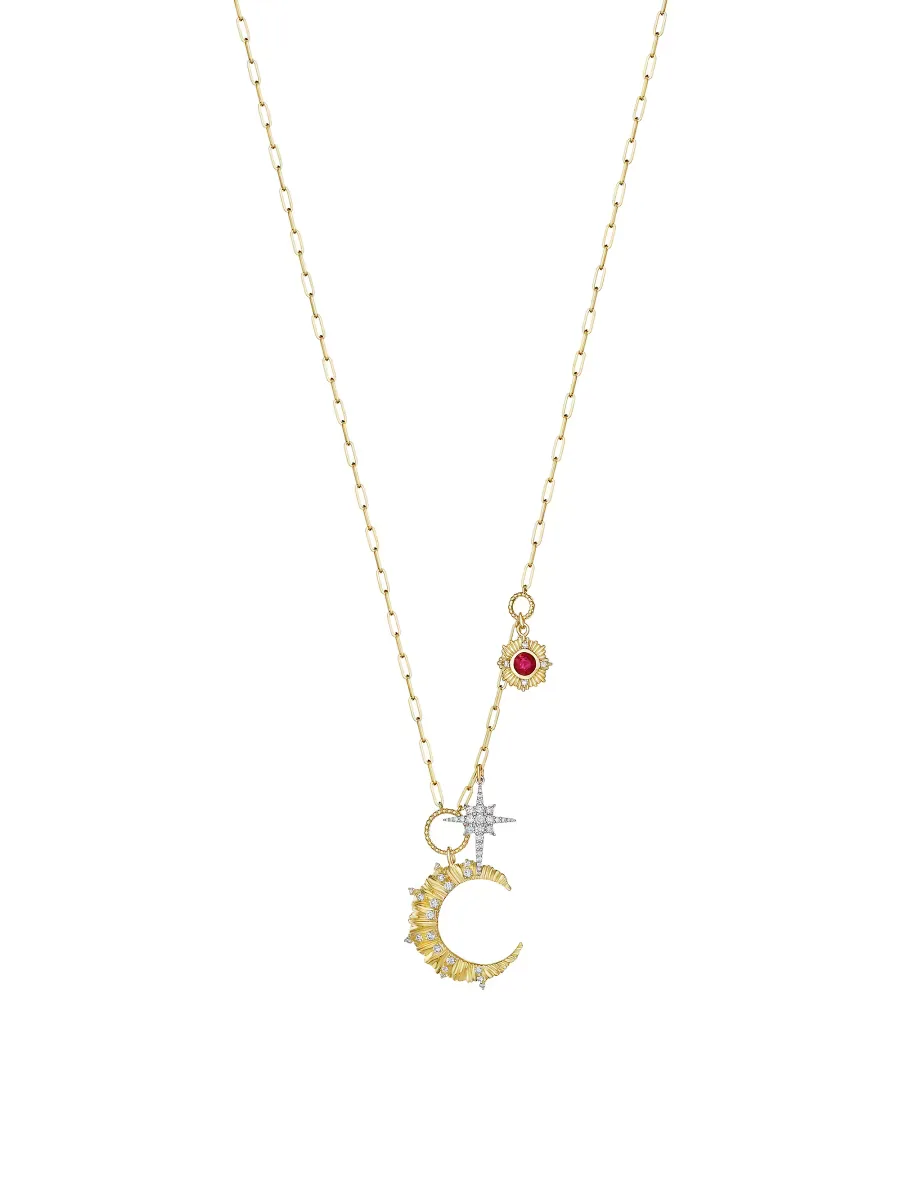 Penka Two-Tone 18K Gold, Ruby & 0.72 TCW Diamond Celestical Charm Necklace by Hueb