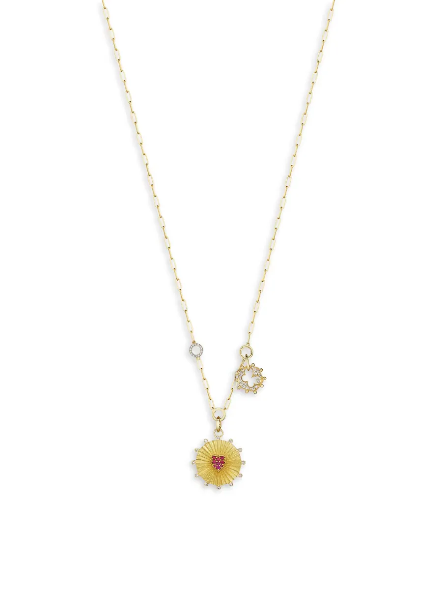 Penka 18K Yellow Gold, 0.55 TCW Diamond & Ruby Charm Necklace by Hueb