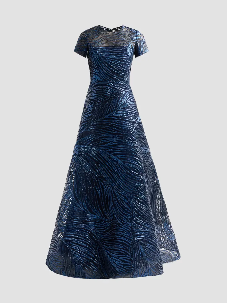 Metallic Raffia Short-Sleeve Illusion Gown
