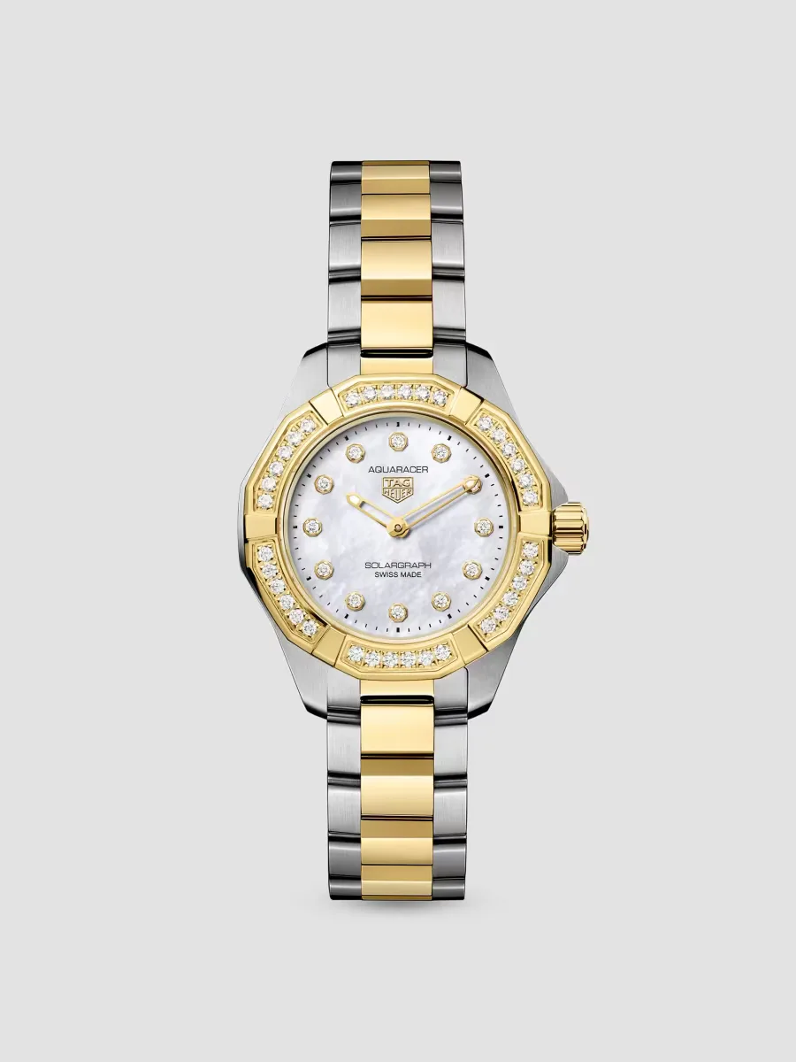 Aquaracer Professional 100 Solargraph Stainless Steel, 18K-Gold-Plated, 0.37 TCW Diamond, & Mother-Of-Pearl Bracelet Watch/28MM by TAG Heuer