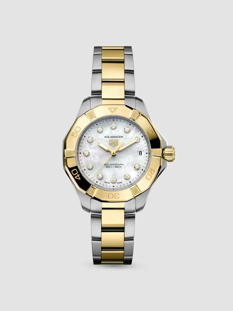 Aquaracer Professional 200 Solargraph Stainless Steel, 18K-Gold-Plated, 0.15 TCW Diamond, & Mother-Of-Pearl Bracelet Watch/34MM by TAG Heuer