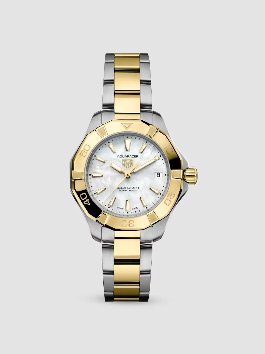 Aquaracer Professional 200 Solargraph Stainless Steel, 18K-Gold-Plated & Mother-Of-Pearl Bracelet Watch/34MM by TAG Heuer