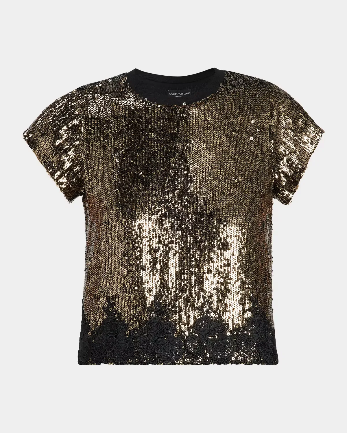 Pia Sequin Lace-Trim Short-Sleeve Top