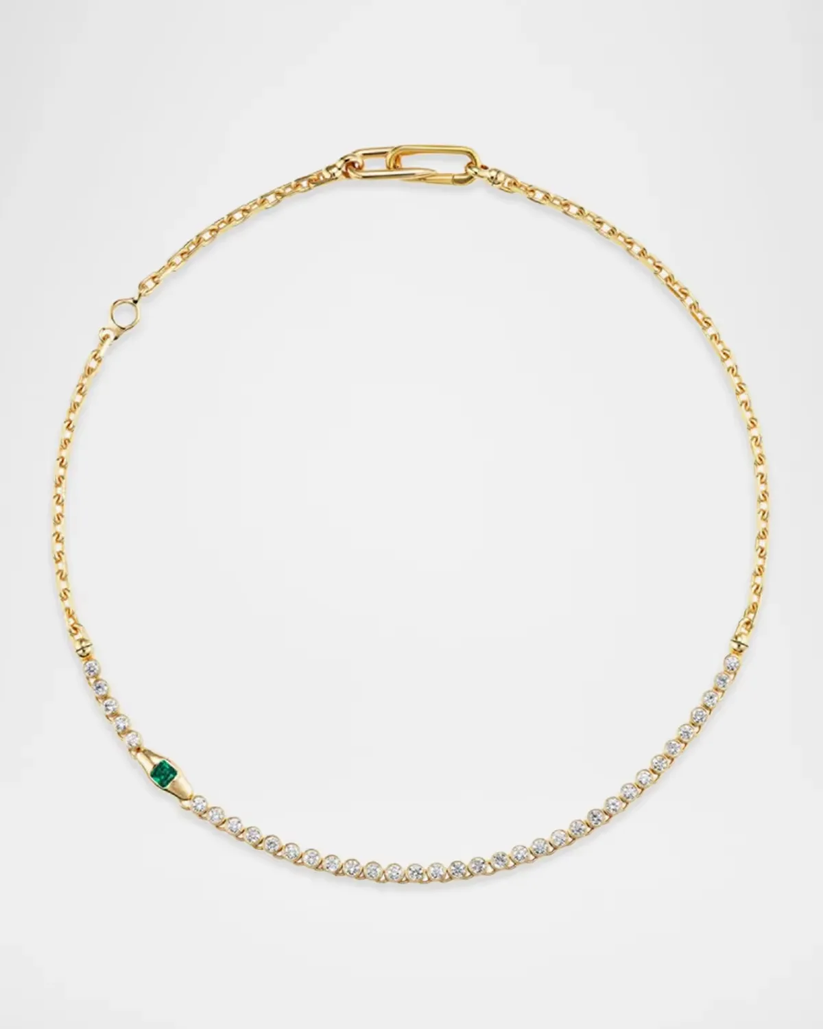 18K Yellow Gold Diamond and Emerald Vessel Tennis Necklace
