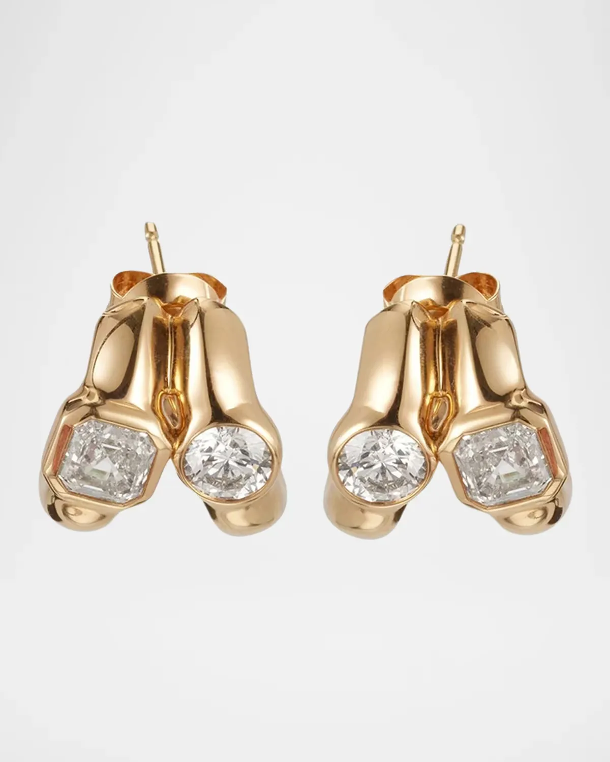 Twin Tusk 18K Yellow Gold Huggie Earrings with Asscher-Cut and Round Stones by Uniform Object