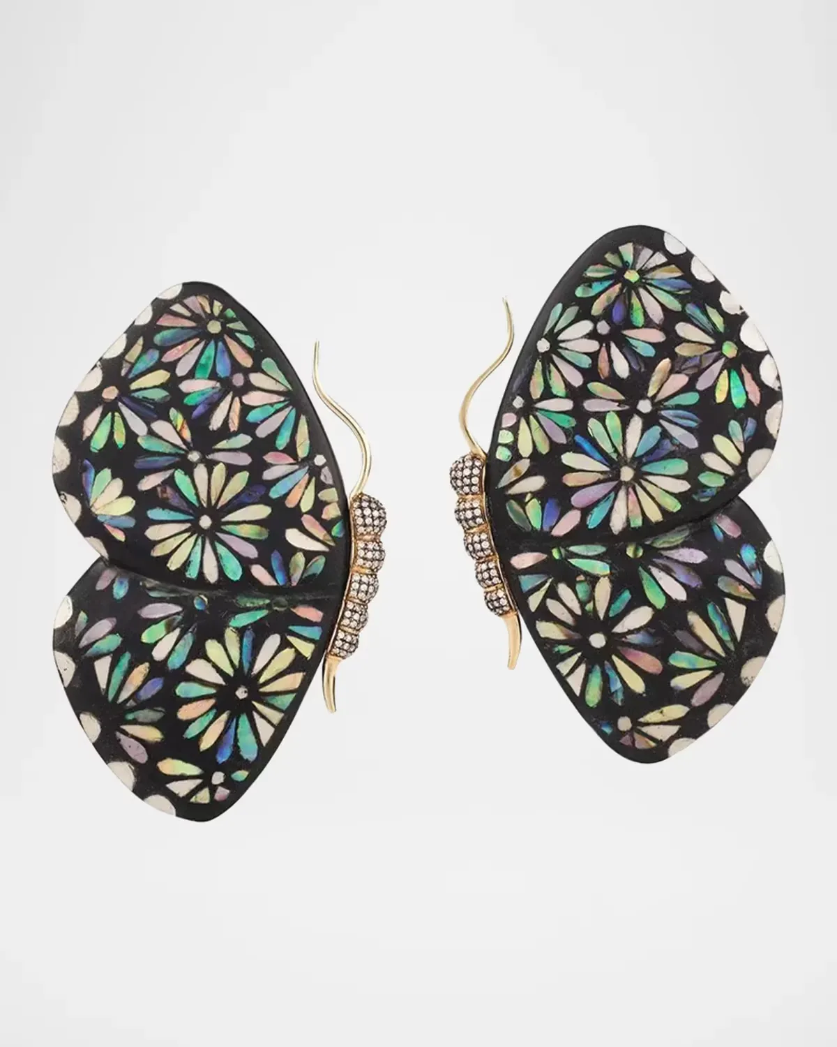 18K Yellow Gold Large Butterfly Wing Black Marquetry Earrings with Diamonds